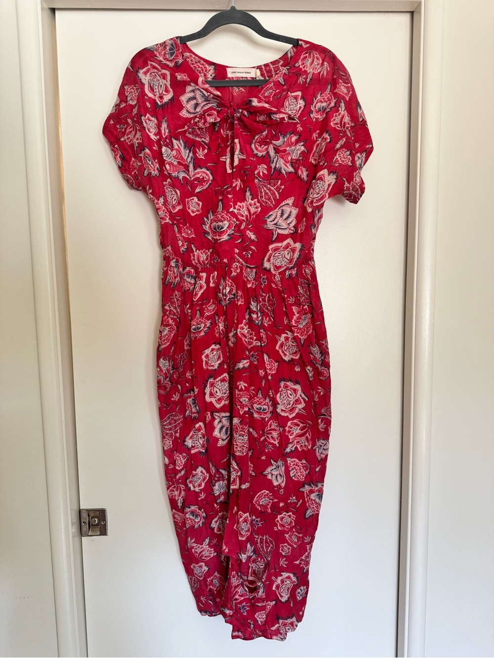Isabel Marant Etoile Red Floral Tie-Front Midi Dress-large tear on skirt.